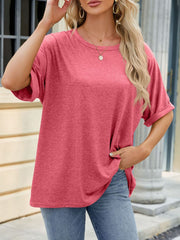Relaxed fit crew neck t-shirt in strawberry with rolled sleeves and a casual, comfortable style.