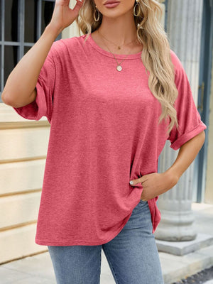 Relaxed fit crew neck t-shirt in strawberry with rolled sleeves and a casual, comfortable style.