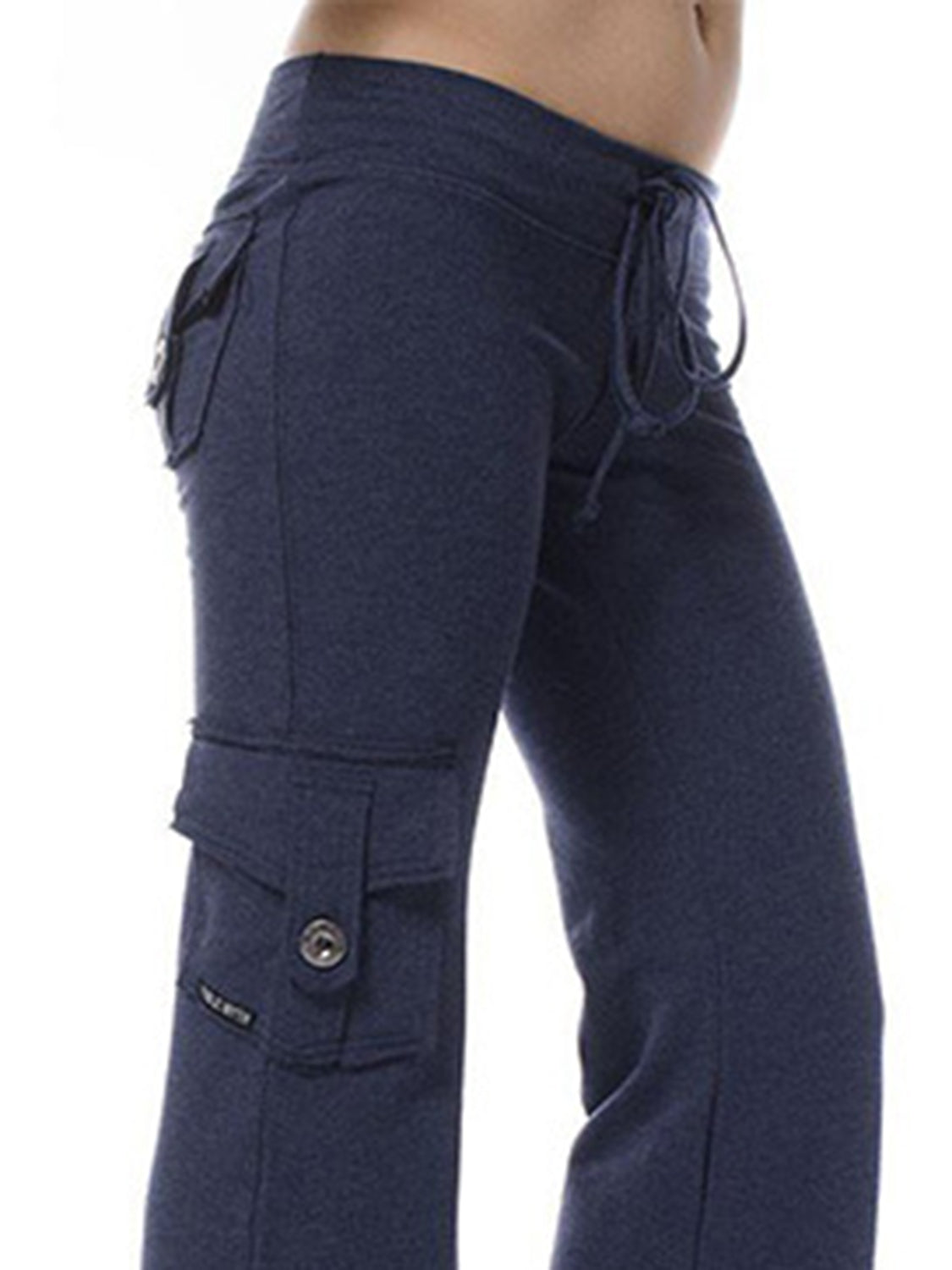 Dark Navy cargo-inspired wide-leg drawstring trousers with buttoned flap pockets.