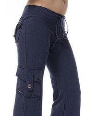 Dark Navy cargo-inspired wide-leg drawstring trousers with buttoned flap pockets.