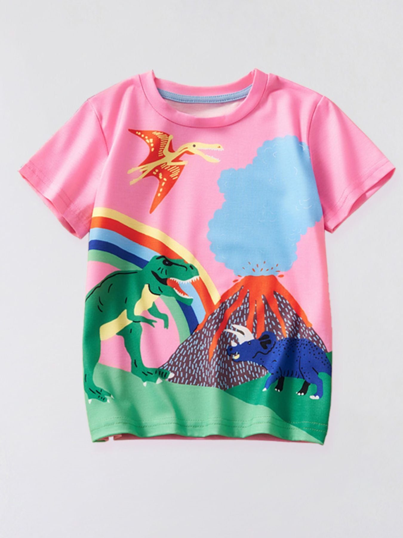 Pink toddler t-shirt with dinosaur adventure graphic, volcano, rainbow, and pterodactyl.