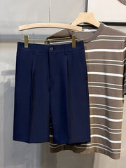 Dark navy pleated front casual chino shorts with side pockets.