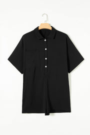 Black oversized shirt romper with pockets and button front