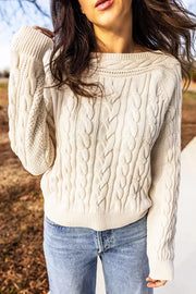 Drop Shoulder Round Neck Cable Knit Sweater in Cream, model styling view