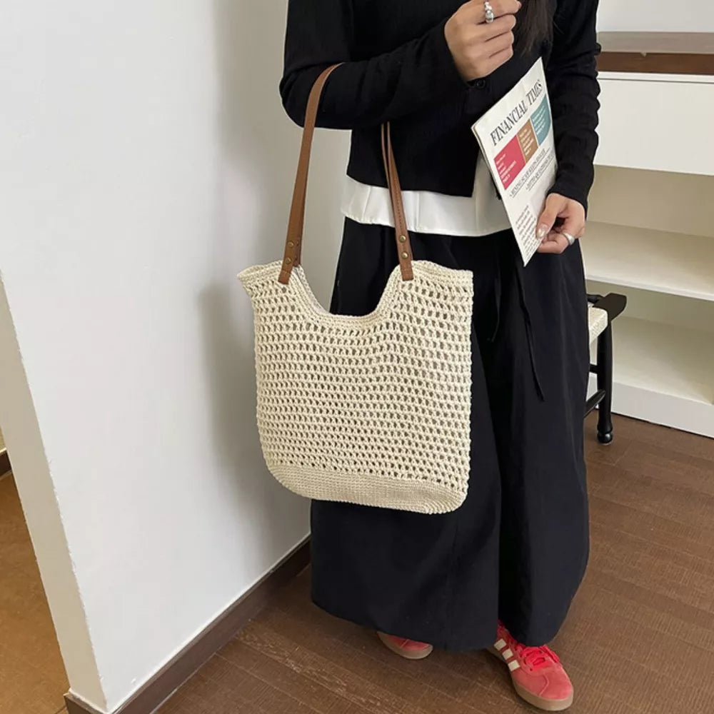 Crochet Knit Shoulder Bag in Cream White, back view