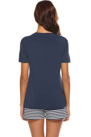 Dark blue V-neck lounge set with striped shorts