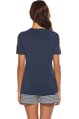 Dark blue V-neck lounge set with striped shorts