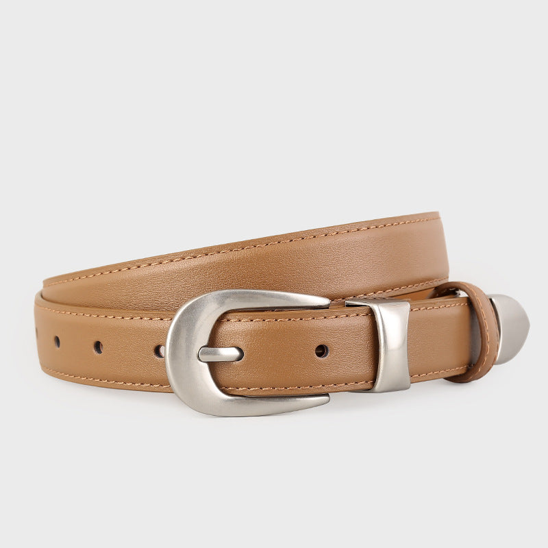 Brown leather belt with elegant silver buckle and adjustable strap.