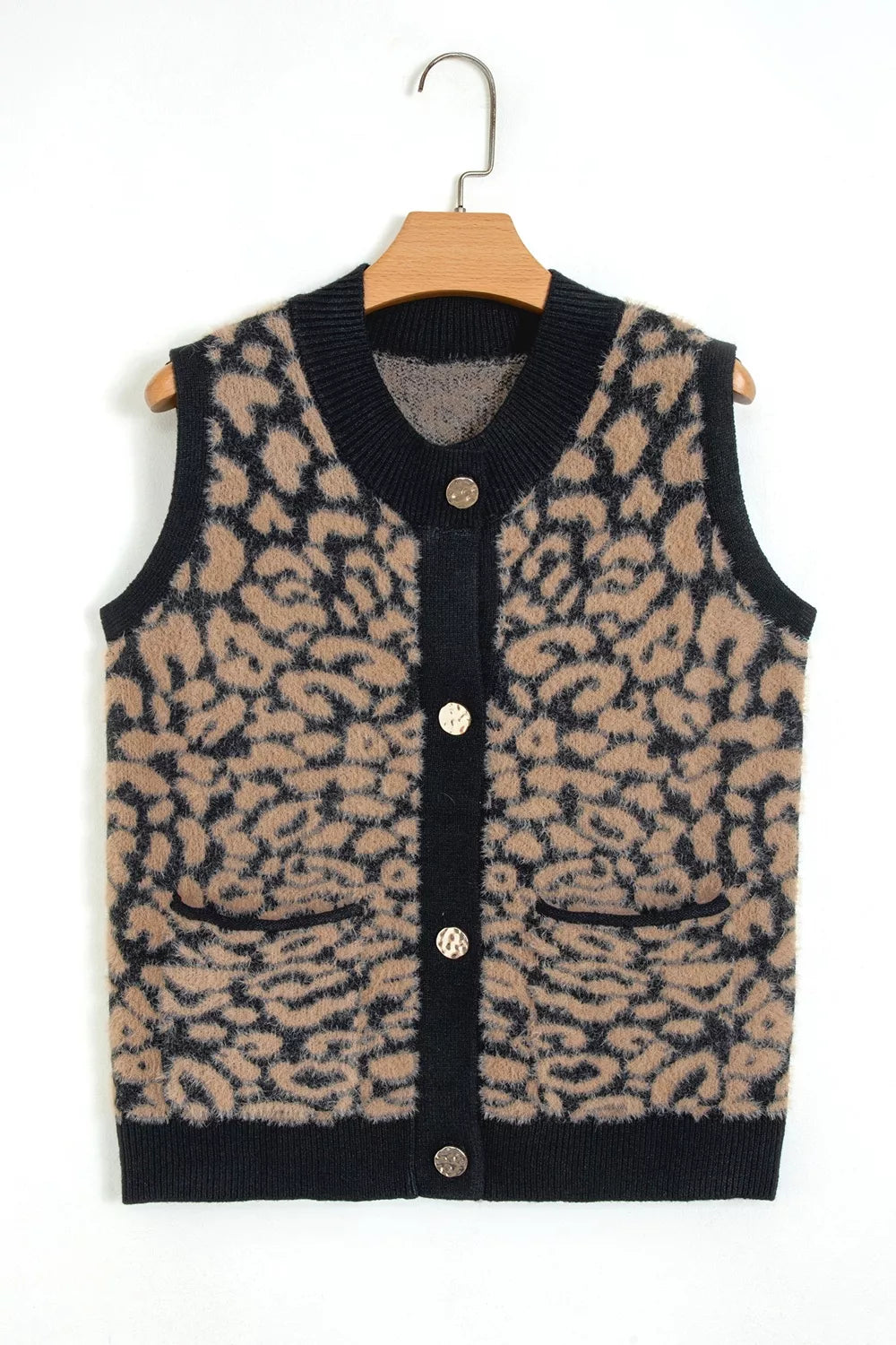 Leopard Print Knit Sleeveless Sweater Vest, close-up detail