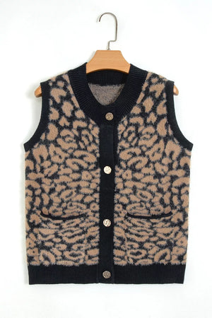 Leopard Print Knit Sleeveless Sweater Vest, close-up detail