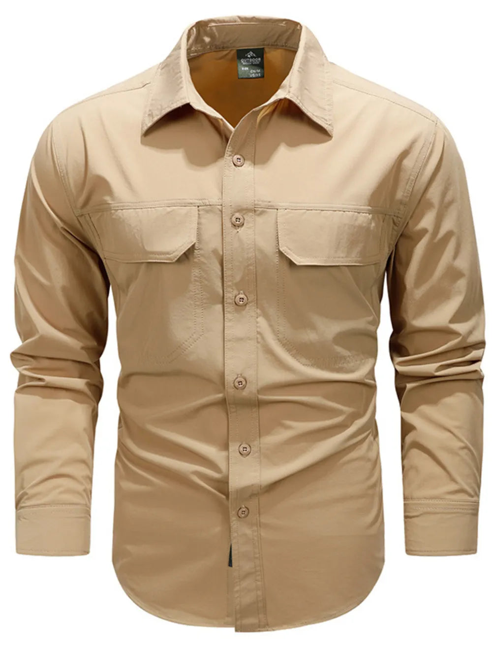 Khaki cotton overshirt with buttoned flap pockets and a classic collar.