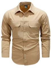 Khaki cotton overshirt with buttoned flap pockets and a classic collar.