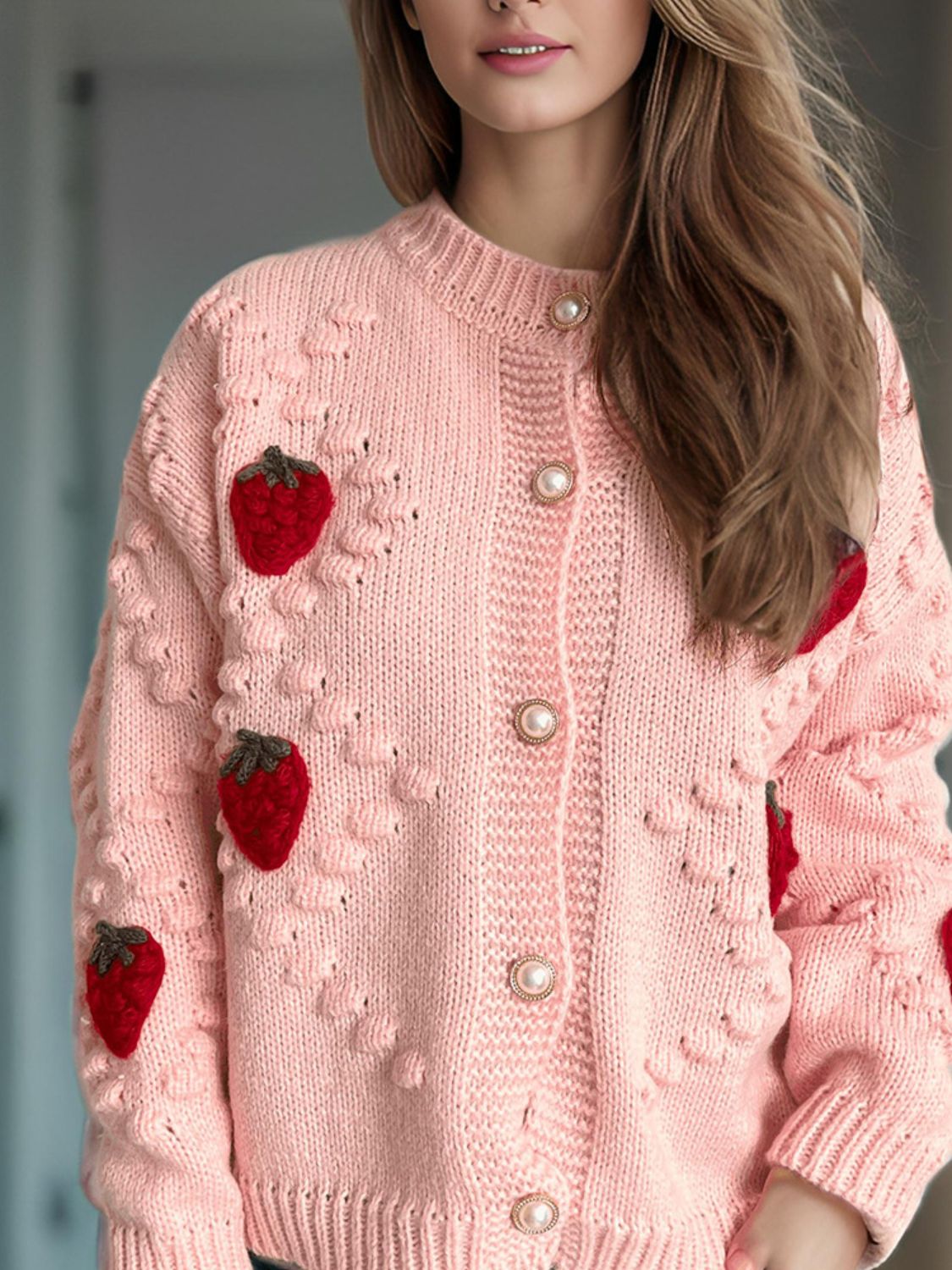 Pink knit cardigan with strawberry appliques and pearl buttons.