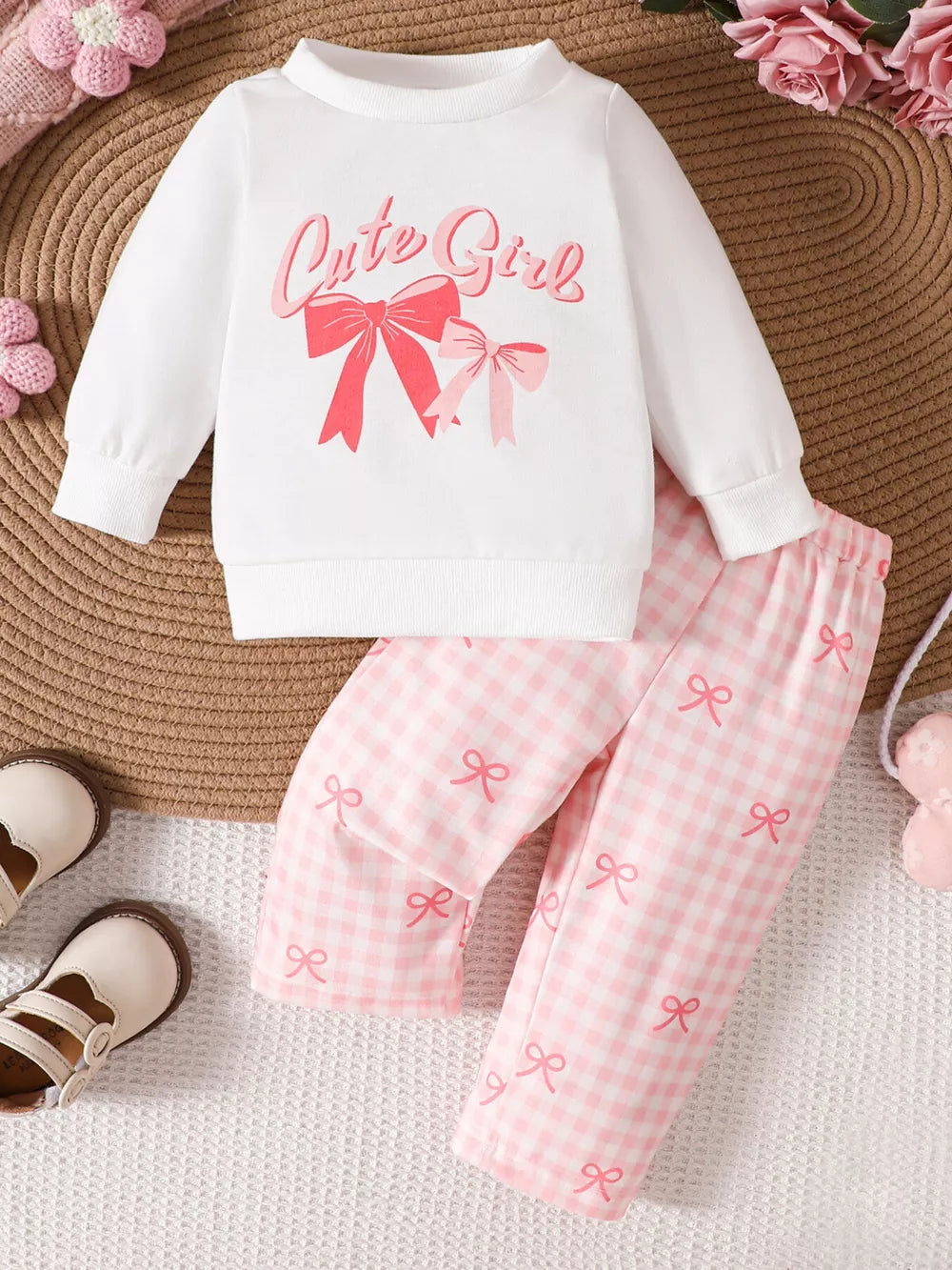 Children's Bow Long Sleeve Top And Pants Set in White, front view