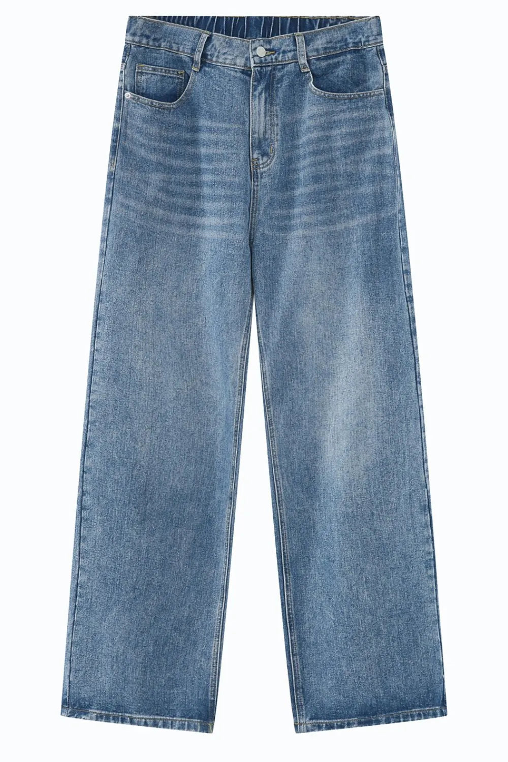 Light blue denim wide-leg jeans with a relaxed fit and elastic waistband.