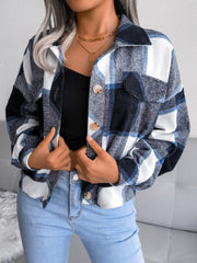 Oversized blue and white tartan shacket with patch pockets and button front.