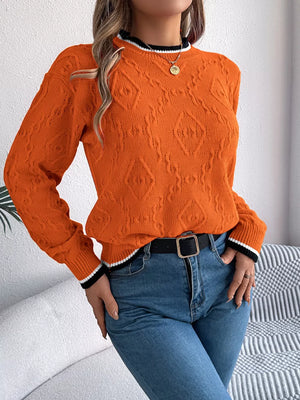 Vonili women's tangerine diamond knit sweater with contrast trim