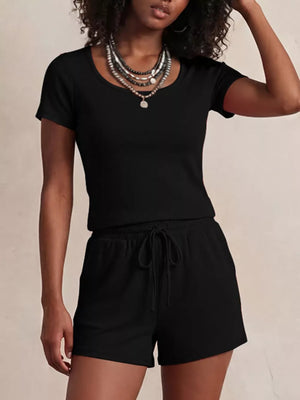 Black scoop-neck tee and drawstring shorts set for women.