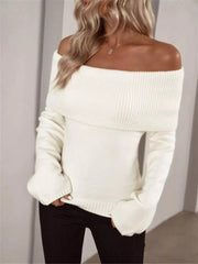 White ribbed knit off-shoulder sweater with long sleeves and a draped neckline.