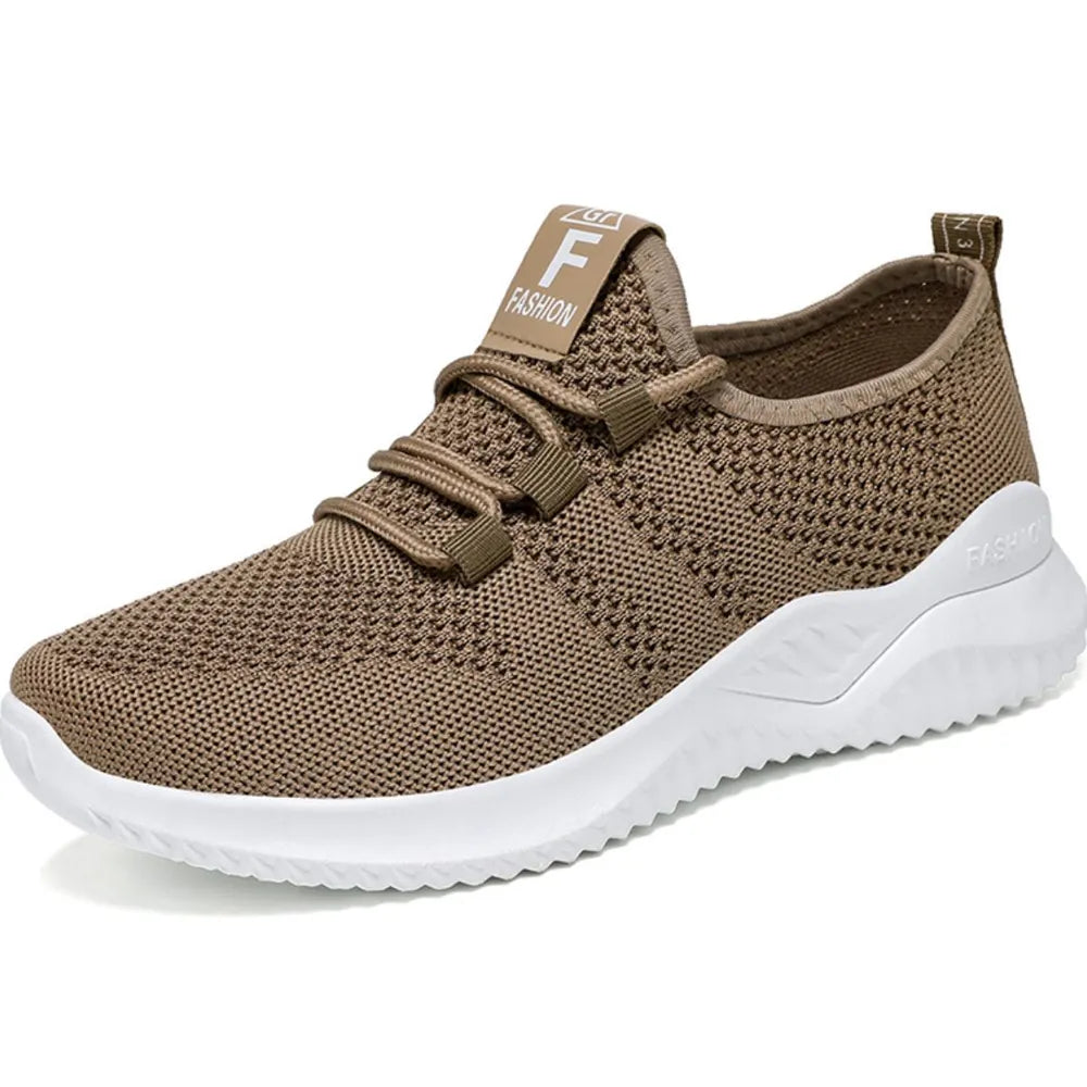 Taupe breathable knit runner sneaker with logo detail and white sole.
