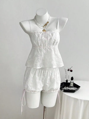 Lace Detail Eyelet Cami And Shorts Set, close-up detail