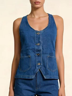 Button-down denim halter vest in sky blue with two front pockets and a V-neckline.