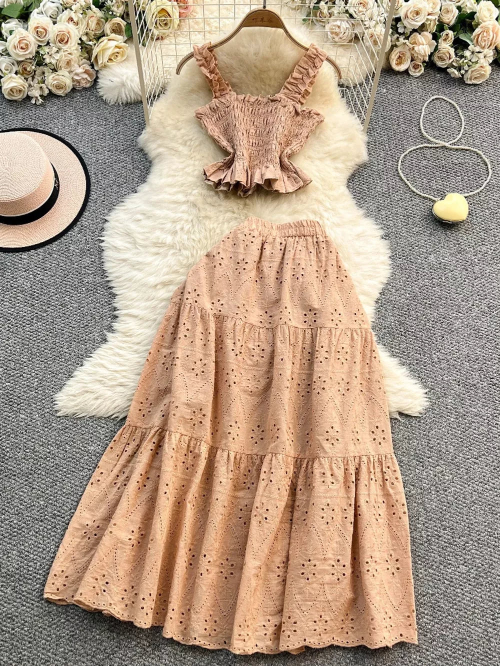 Apricot eyelet crop top with ruffled straps and tiered maxi skirt set
