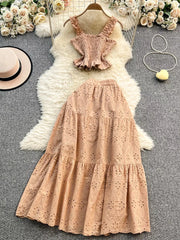 Apricot eyelet crop top with ruffled straps and tiered maxi skirt set