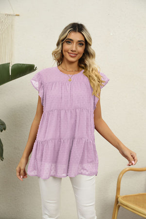 Pink Lavender Swiss Dot Flutter Sleeve Tiered Blouse with round neckline