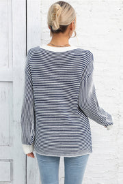 Nautical stripe ribbed knit crewneck sweater in navy and white, acrylic, crewneck, long sleeve.
