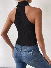 Black ribbed turtleneck tank top with cutout back detail.