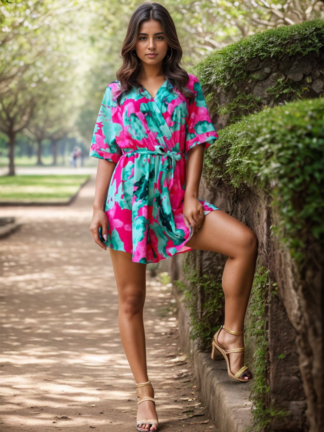 Tropical print wrap romper with short sleeves and tie waist in turquoise and pink.