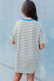 Casual striped mini dress with pockets, yellow with red and blue stripes, crew neck, short sleeves.