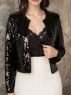 Black sequin bolero jacket with a round neckline and long sleeves.