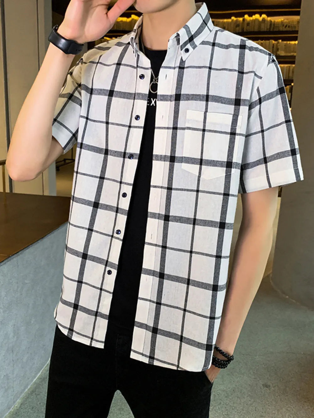 Men's white plaid short sleeve button-down shirt with chest pocket