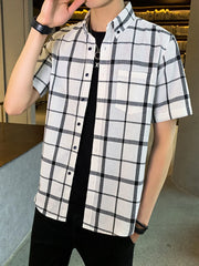 Men's white plaid short sleeve button-down shirt with chest pocket