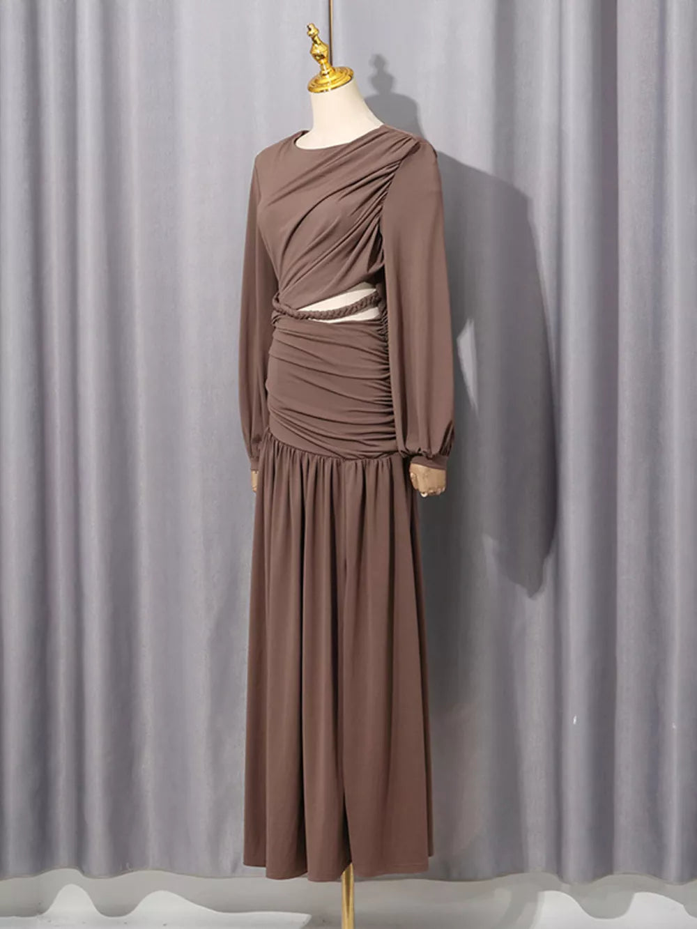 Ruched Long-sleeve Maxi Dress With Cutout in Brown, close-up detail