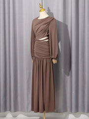 Ruched Long-sleeve Maxi Dress With Cutout in Brown, close-up detail