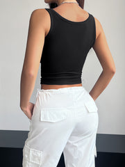 Black ribbed crop top with scoop neck and tie detail at waist