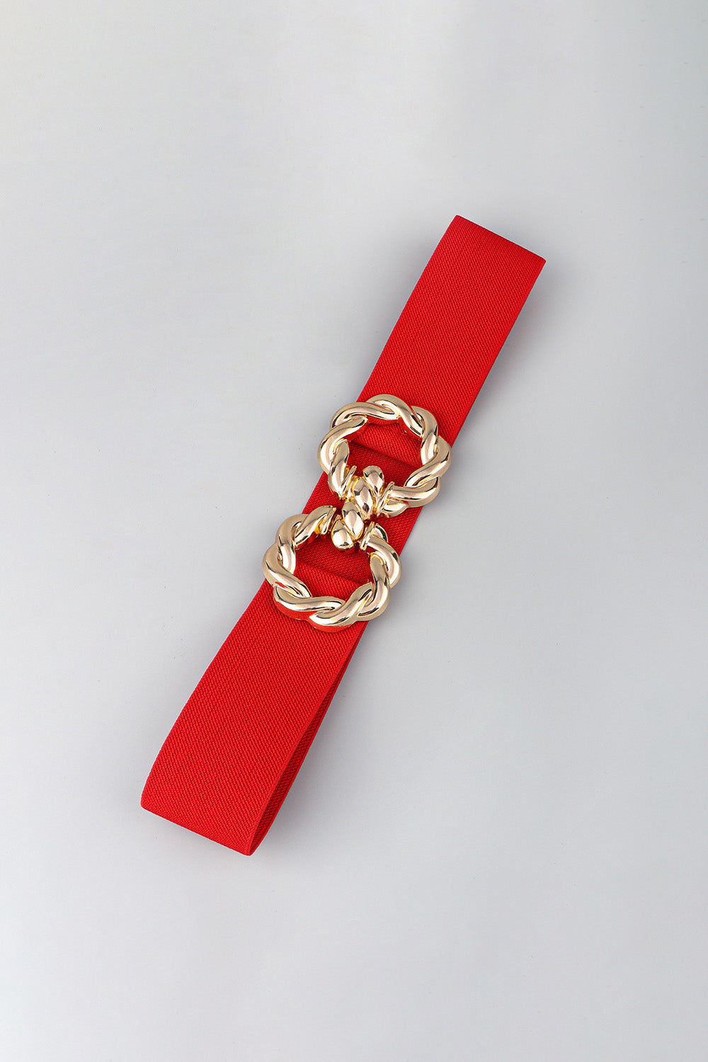 Red stretch belt with gold braided knot buckle detail
