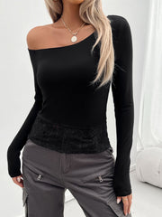 Black off-shoulder long sleeve blouse with lace trim detail