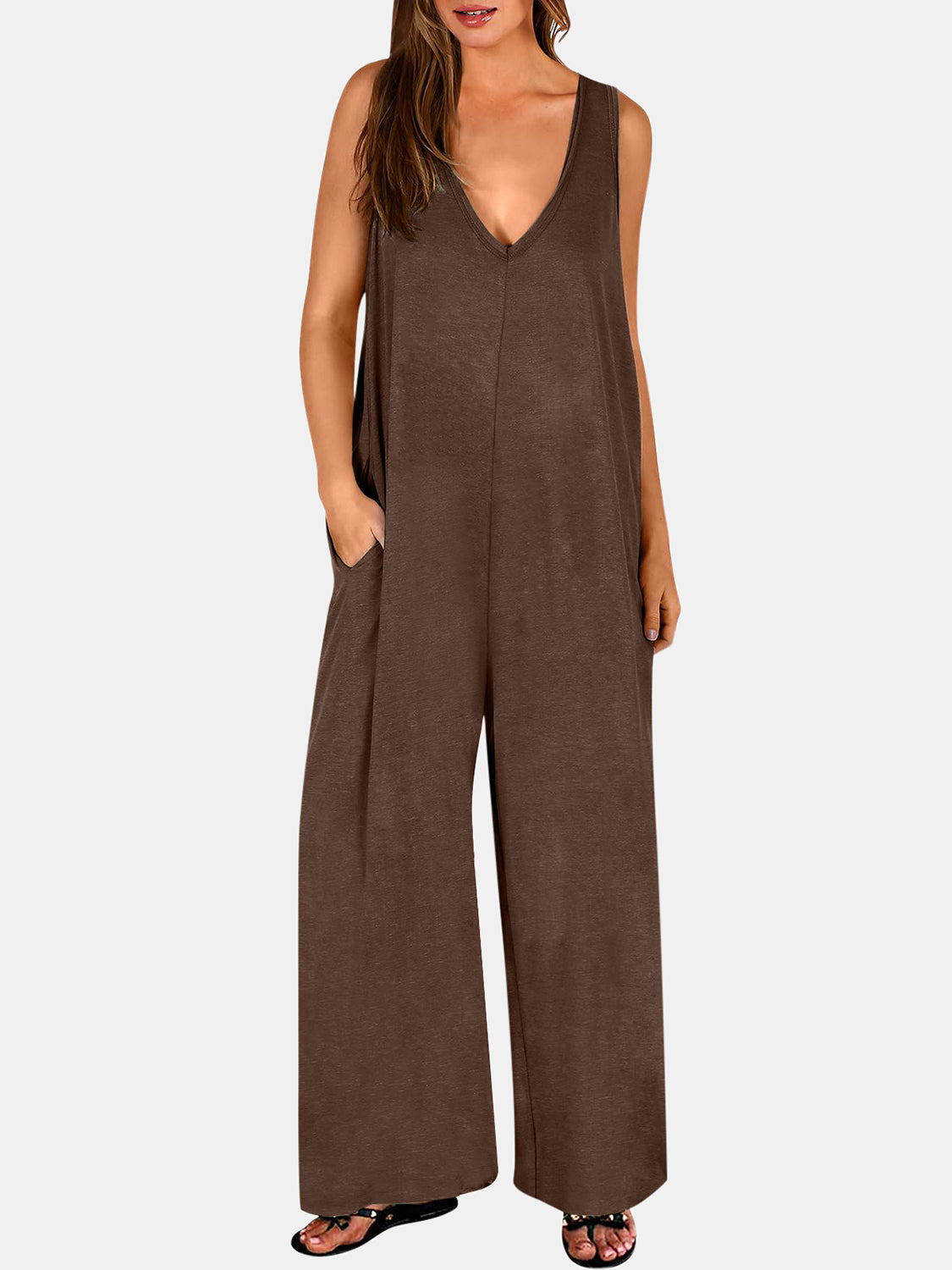 Brown V-neck sleeveless palazzo jumpsuit with pockets