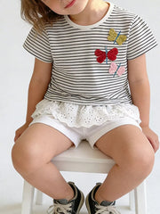 Kids cotton striped t-shirt with embroidered butterfly detail