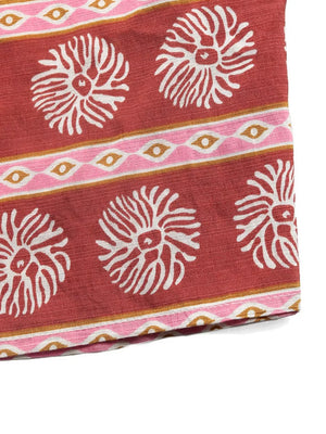 Maxi dress in red with white floral print and pink border detail