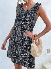 Black leopard print mini dress with frill sleeves and V-neck.