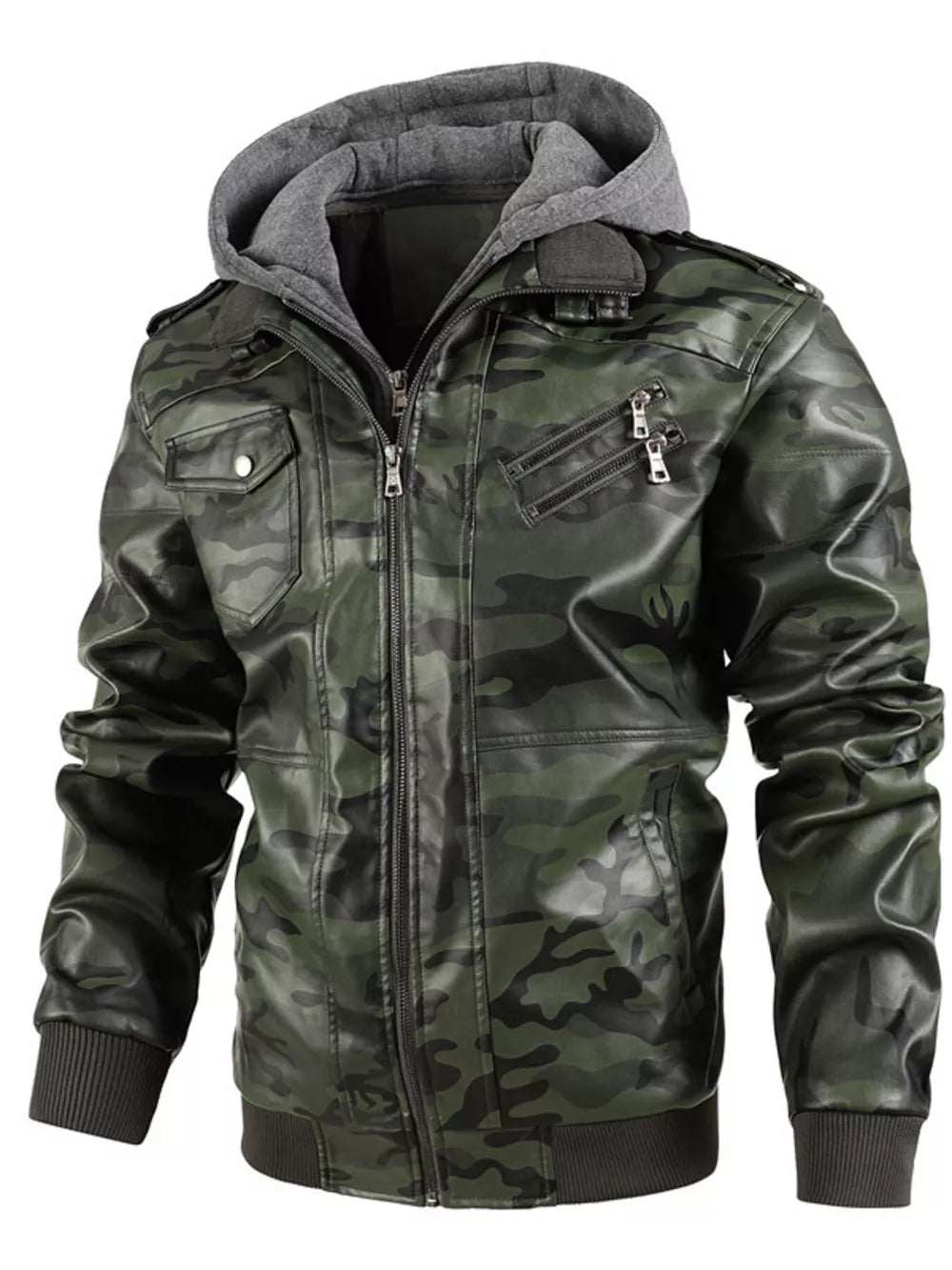 Men's Camouflage Green Faux Leather Moto Jacket with Attached Hoodie
