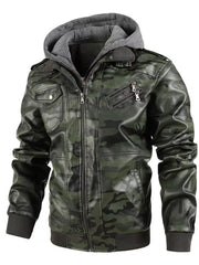 Men's Camouflage Green Faux Leather Moto Jacket with Attached Hoodie