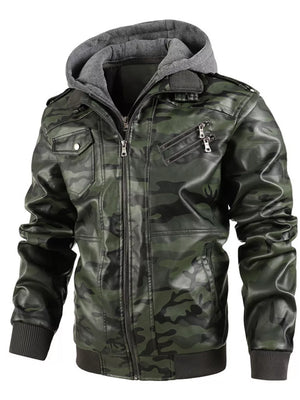 Men's Camouflage Green Faux Leather Moto Jacket with Attached Hoodie