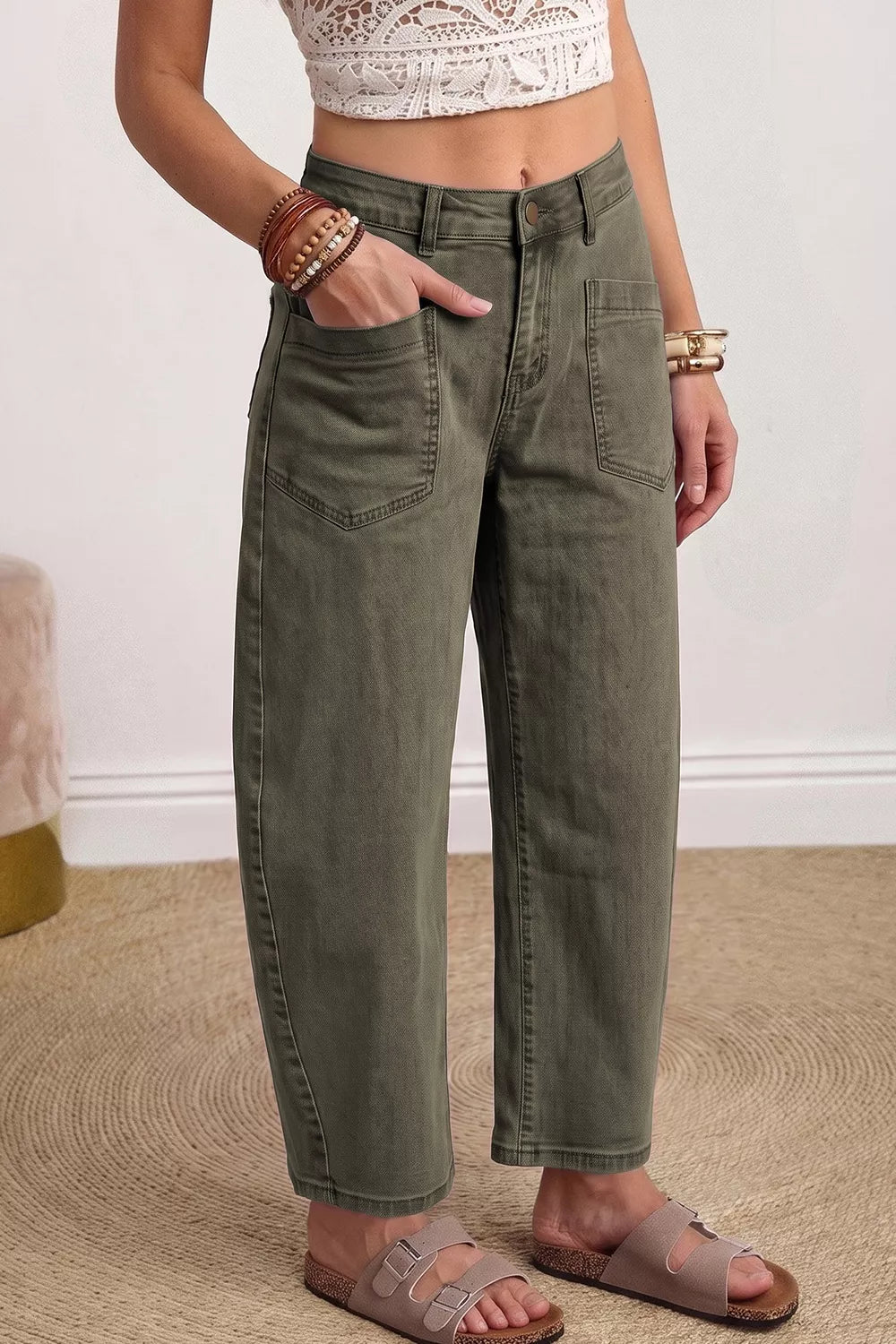 Four Leaf Clover Solid Color Ankle Jeans in Army Green, fabric detail