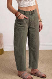Four Leaf Clover Solid Color Ankle Jeans in Army Green, fabric detail